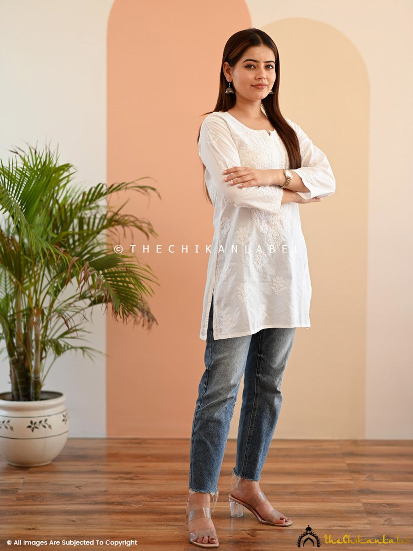 White Faiza Cotton Chikankari Short Kurta , Chikankari Short Kurta in Cotton fabric For Woman