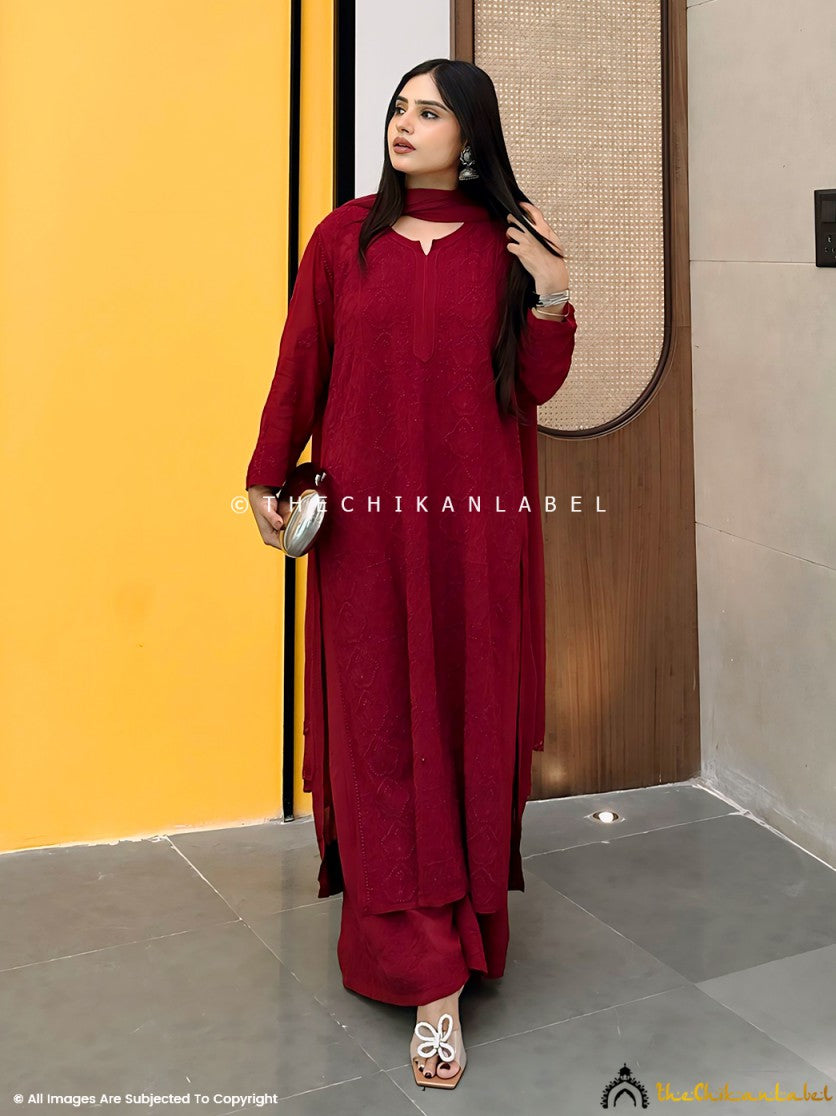 Maroon Aria Viscose Chikankari Kurta Set