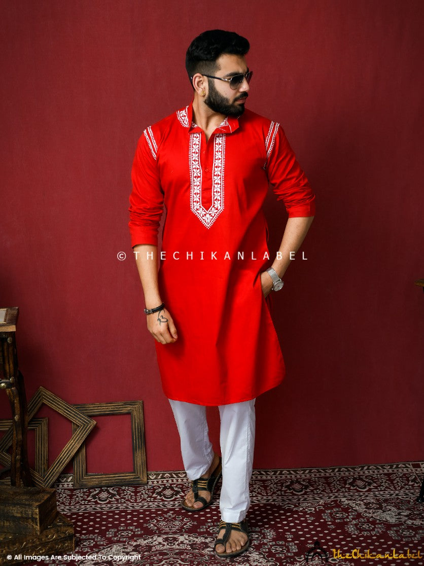 Red Uman Cotton Chikankari Men's Kurta ,Chikankari Men's Kurta in Cotton fabric For Men