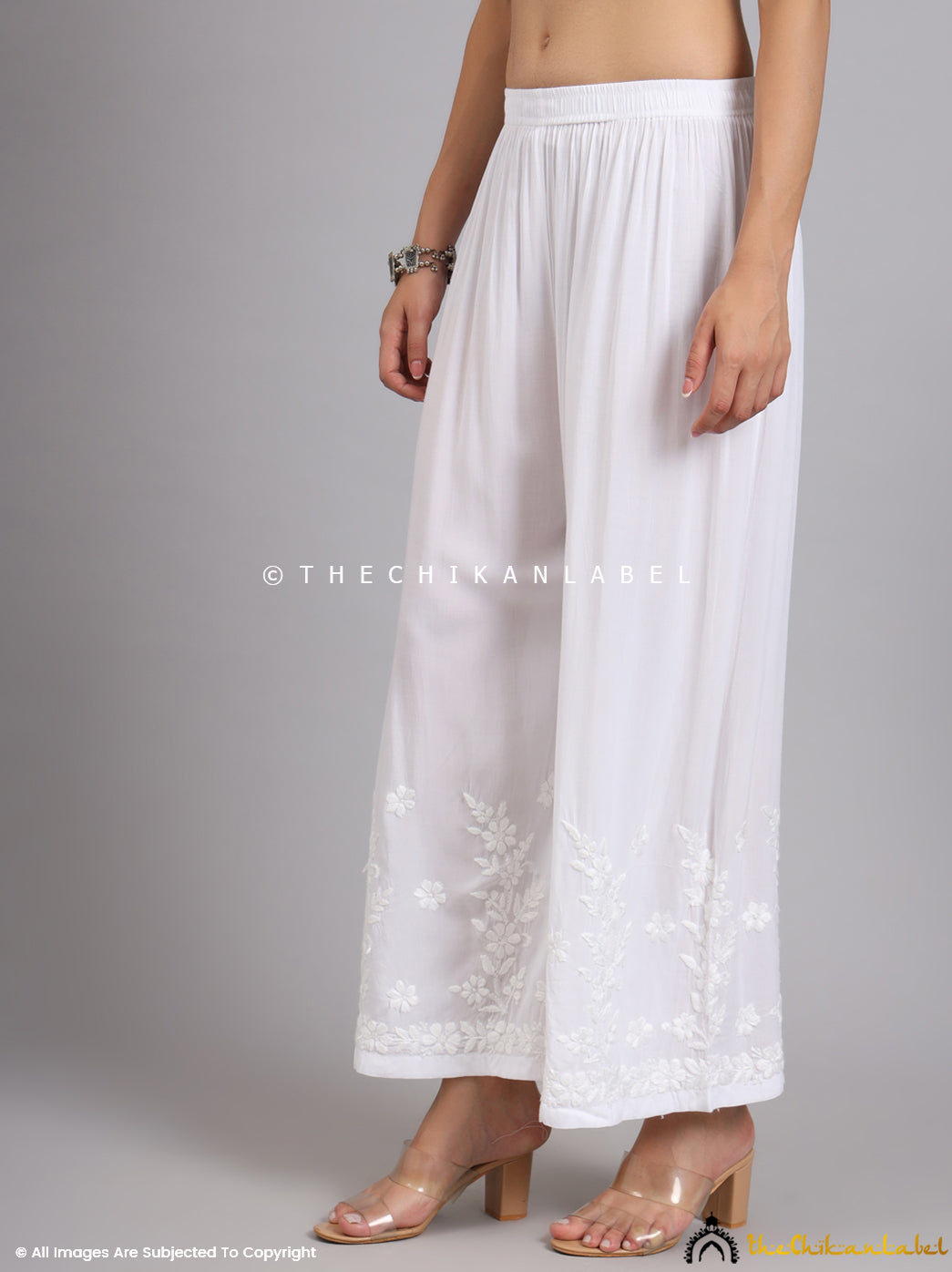Ela palazzo pants in white with hand embroidery