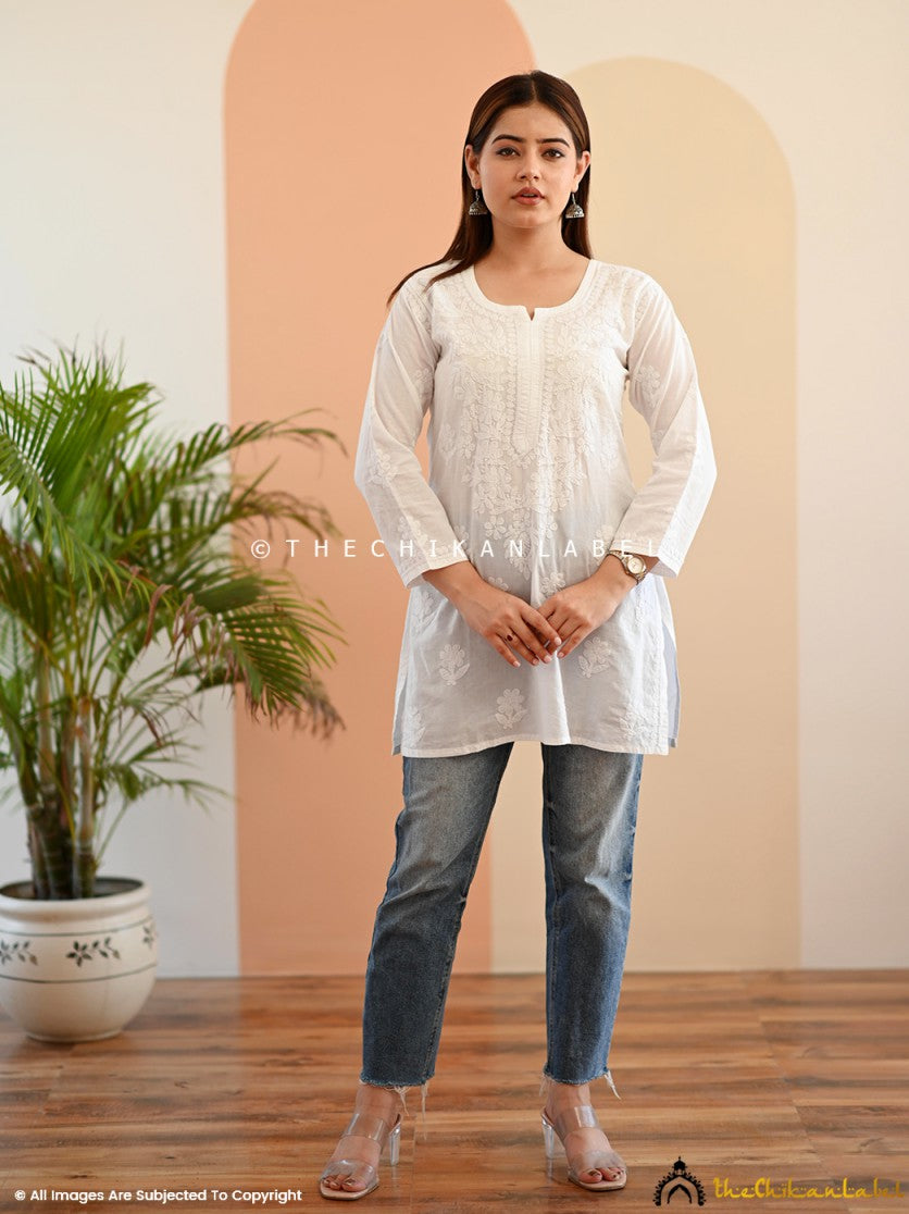 White Faiza Cotton Chikankari Short Kurta , Chikankari Short Kurta in Cotton fabric For Woman