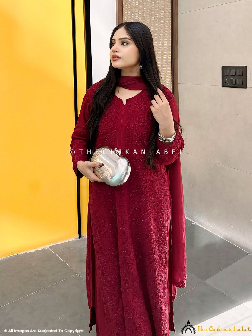 Maroon Aria Viscose Chikankari Kurta Set