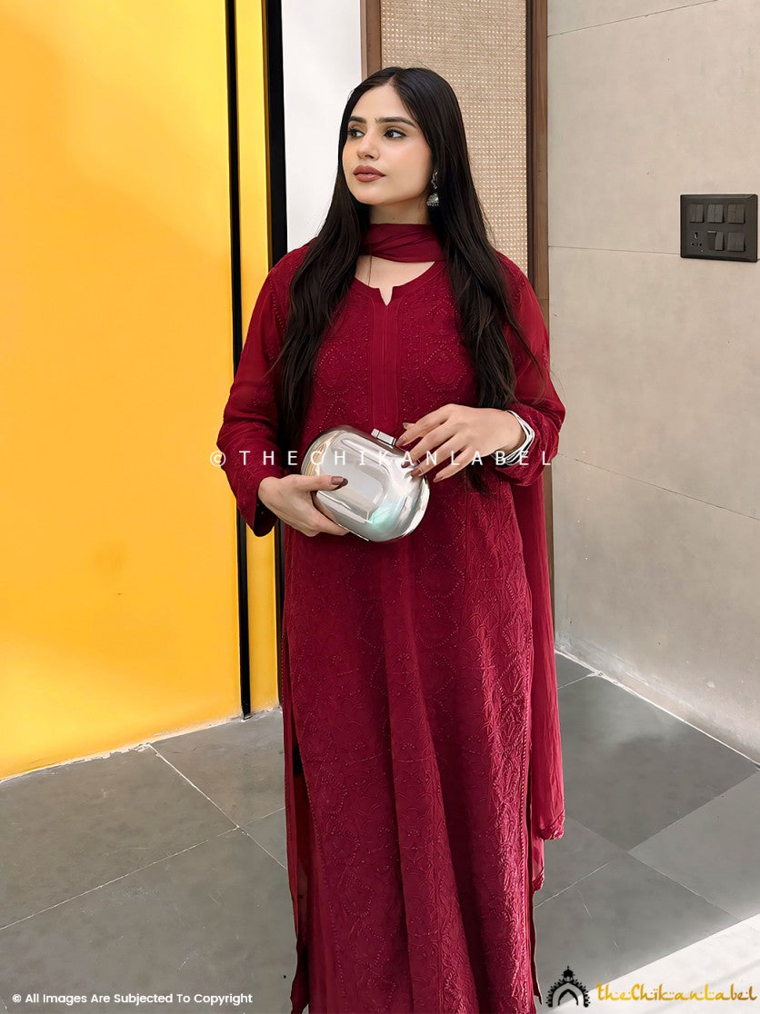 Maroon Aria Viscose Chikankari Kurta Set