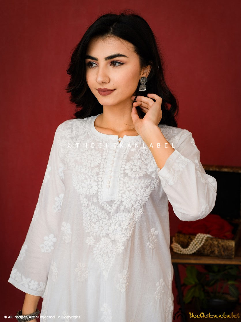 White Yukta Cotton Chikankari Straight Kurti