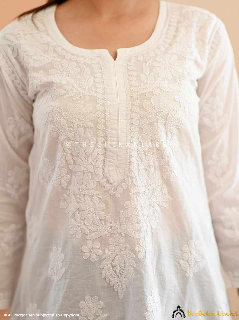 White Faiza Cotton Chikankari Short Kurta , Chikankari Short Kurta in Cotton fabric For Woman