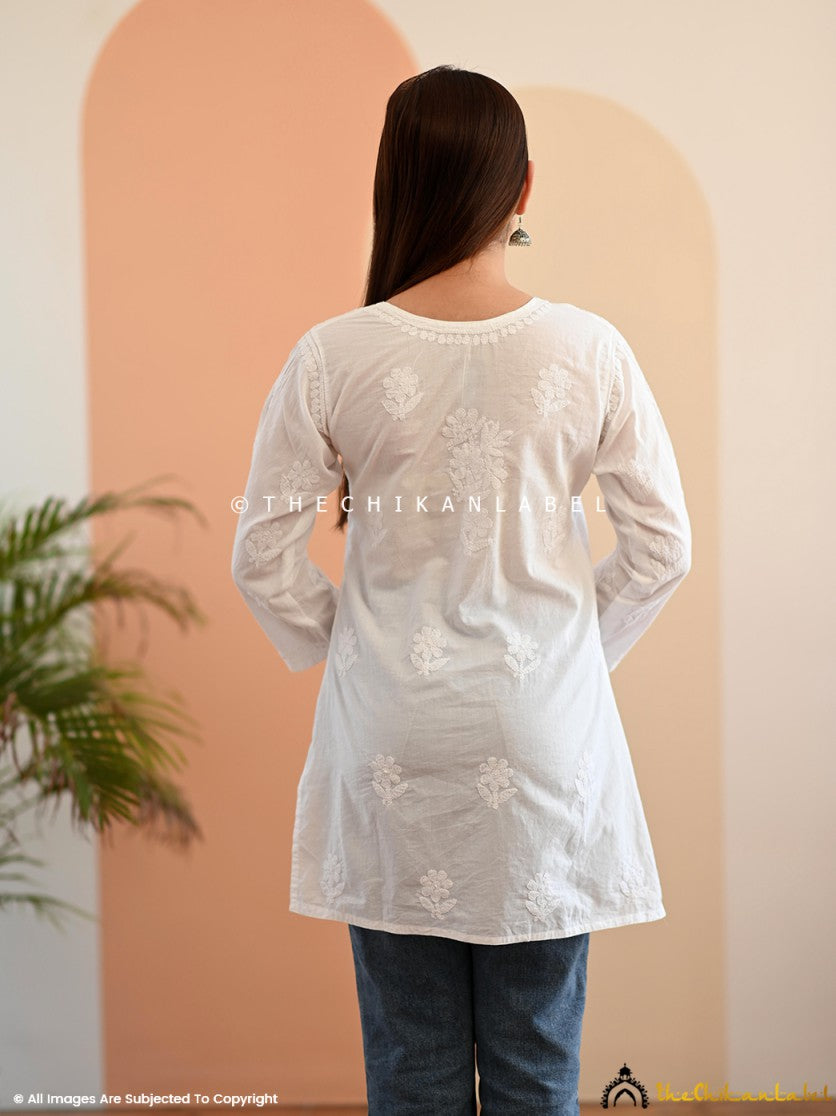 White Faiza Cotton Chikankari Short Kurta , Chikankari Short Kurta in Cotton fabric For Woman