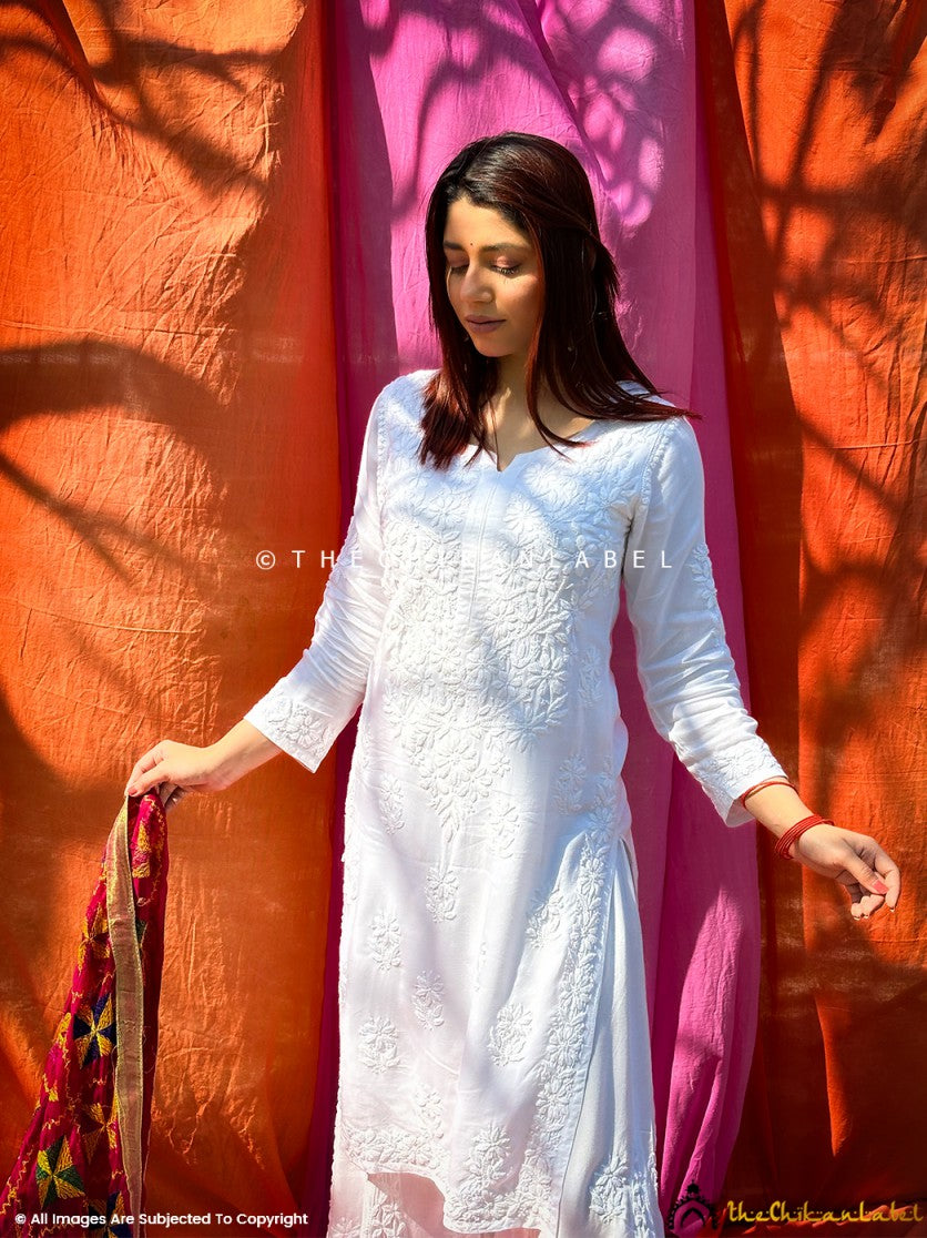 Back view showing straight fall and clean finish of kurti