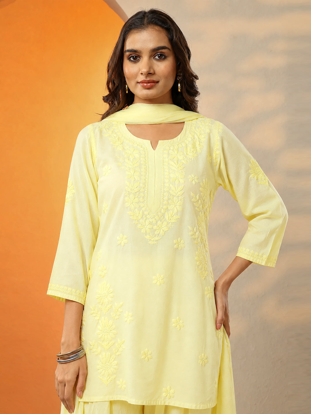 Kashvi Chanderi Chikankari Kurta Farshi Salwar Set with Dupatta - Yellow