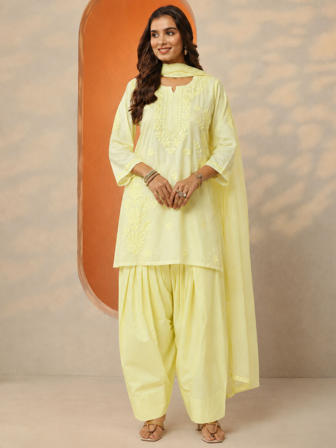 Kashvi Chanderi Chikankari Kurta Farshi Salwar Set with Dupatta - Yellow