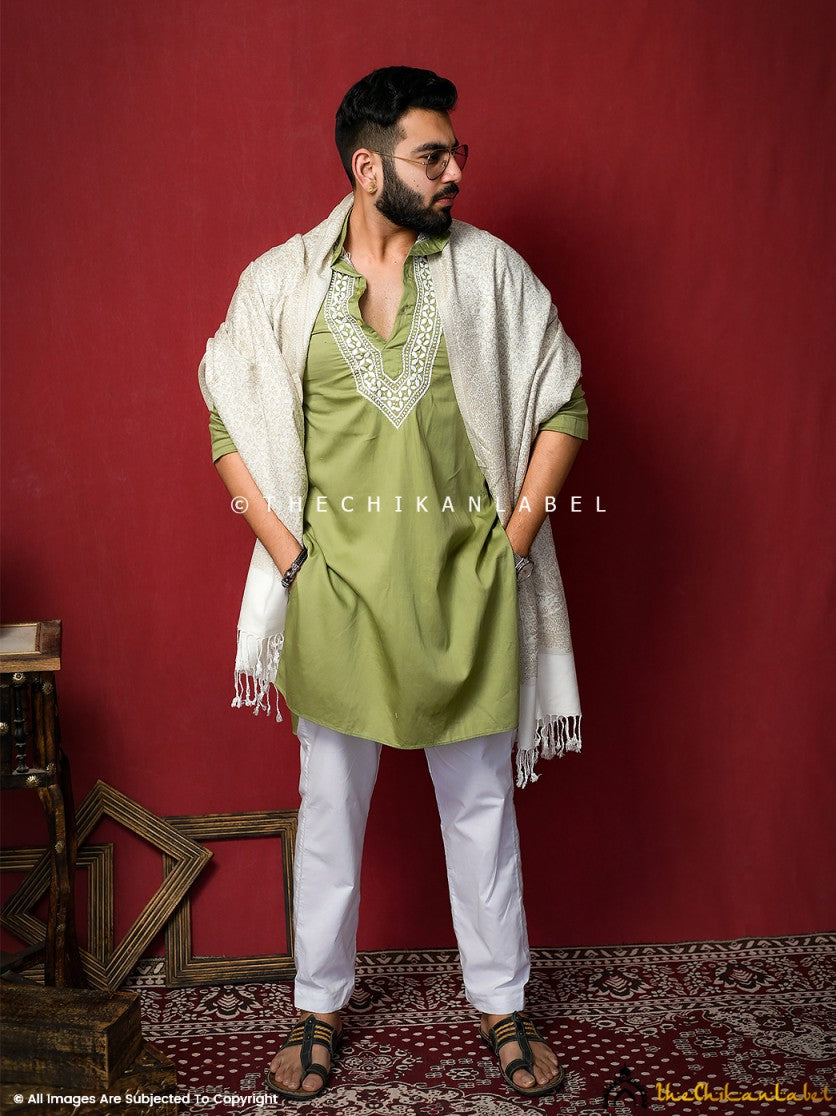 Green Uman Cotton Chikankari Men's Kurta ,Chikankari Men's Kurta in Cotton Fabric For Men