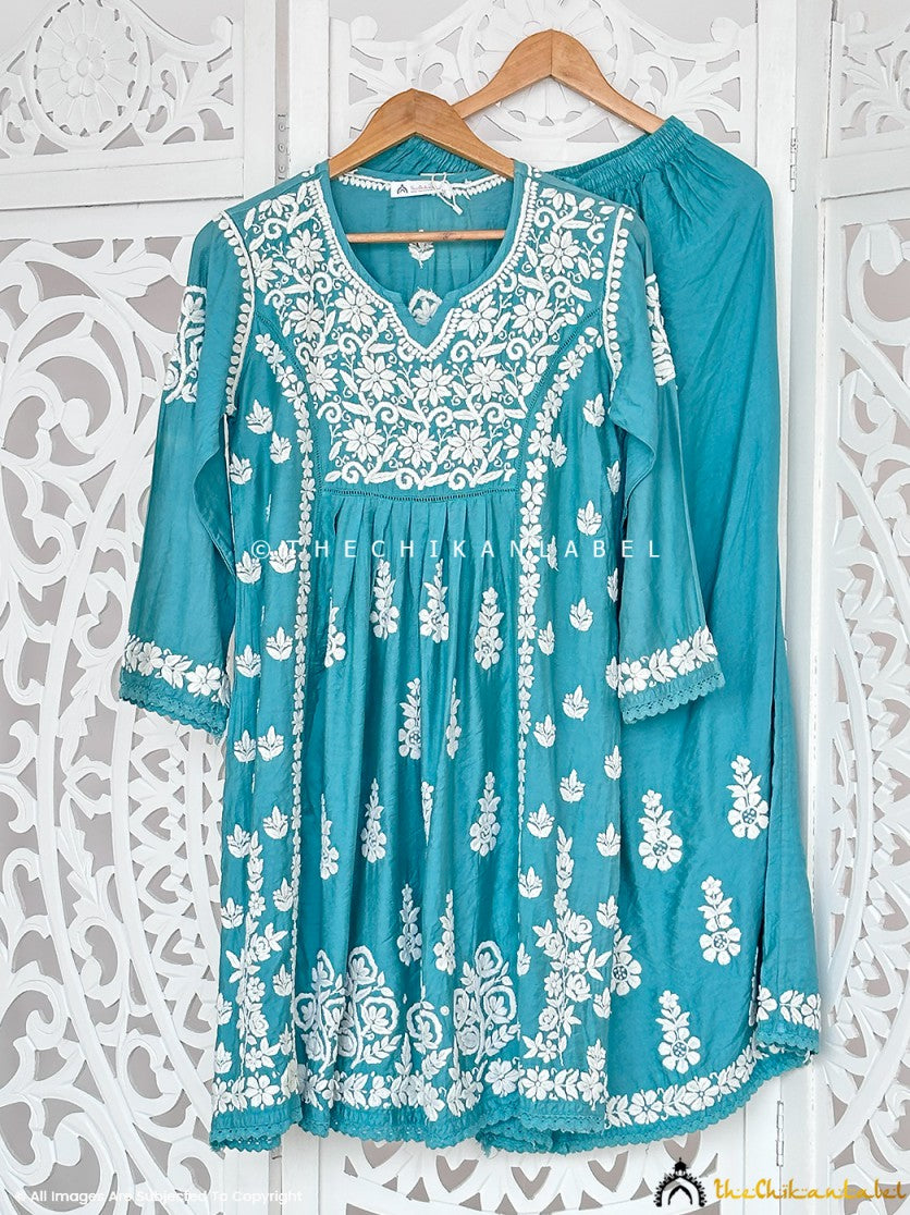 Turquoise Chanderi Chikankari Kurti Garara Set ,Chikankari Kurti Garara Set in Chanderi Fabric For Woman