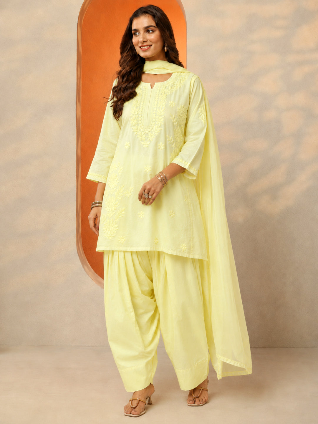 Kashvi Chanderi Chikankari Kurta Farshi Salwar Set with Dupatta - Yellow