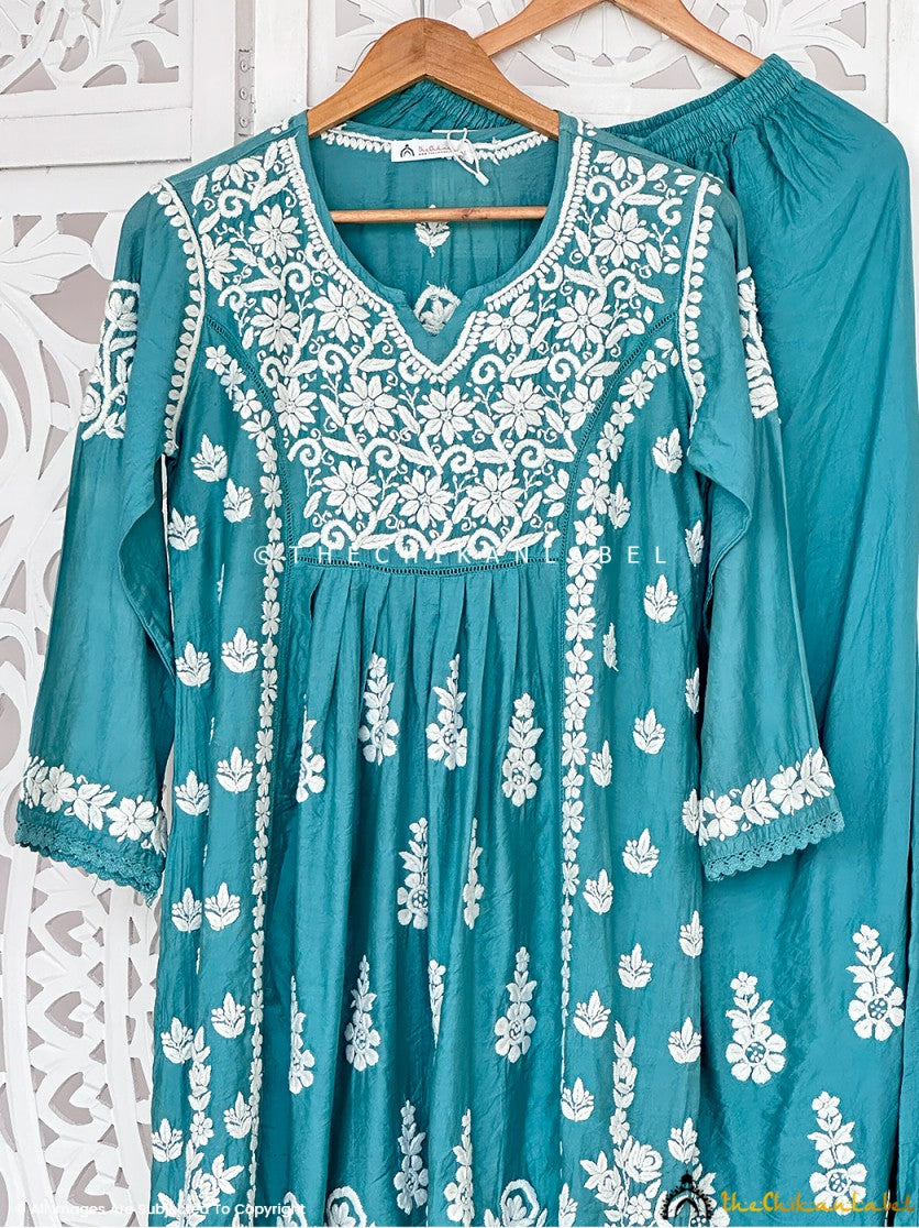 Turquoise Chanderi Chikankari Kurti Garara Set ,Chikankari Kurti Garara Set in Chanderi Fabric For Woman