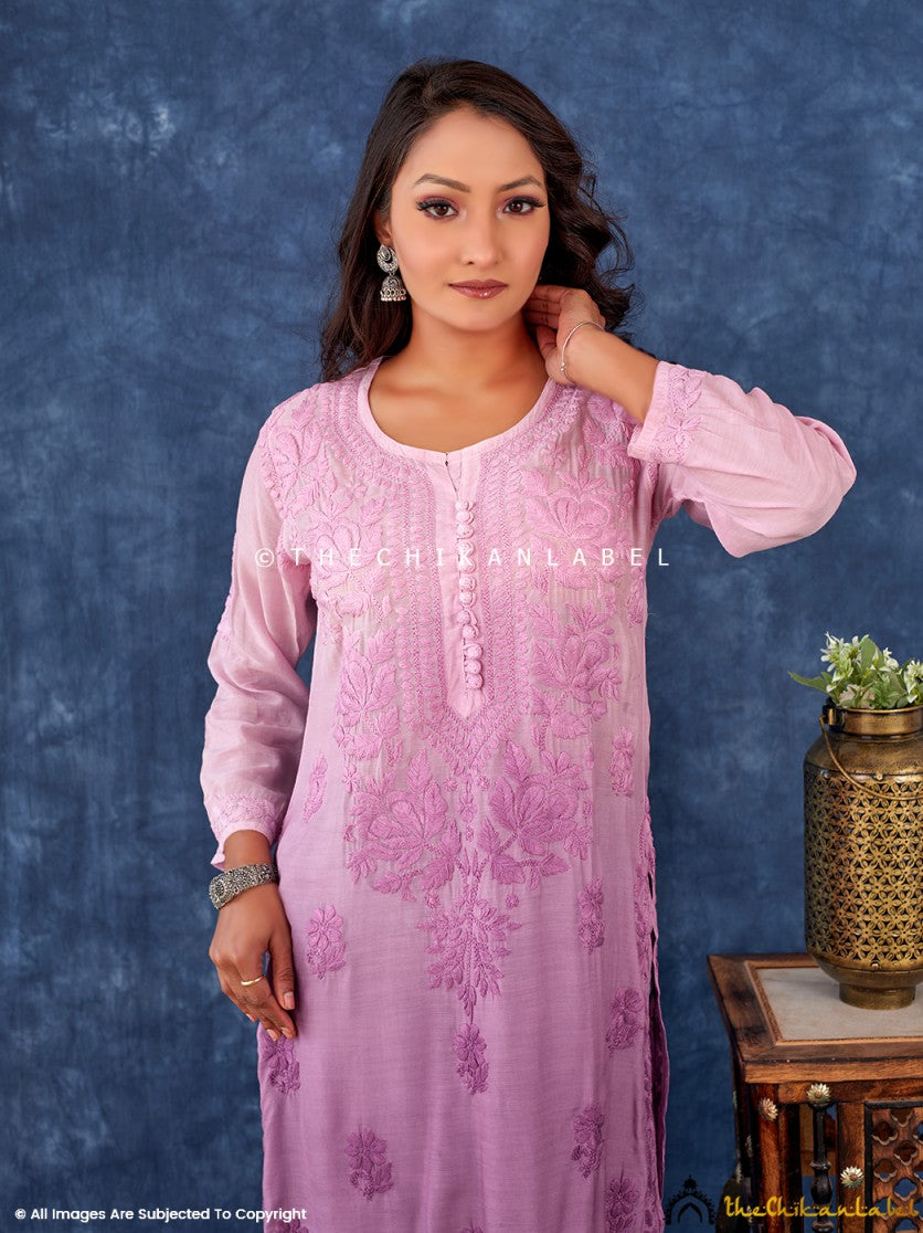 Mauve Muslin Chikankari Straight Kurta , Chikankari Straight Kurta in Muslin fabric For Woman