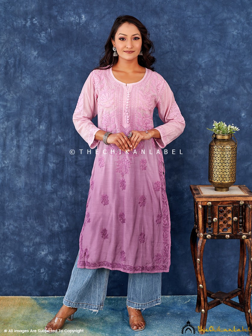 Mauve Muslin Chikankari Straight Kurta , Chikankari Straight Kurta in Muslin fabric For Woman