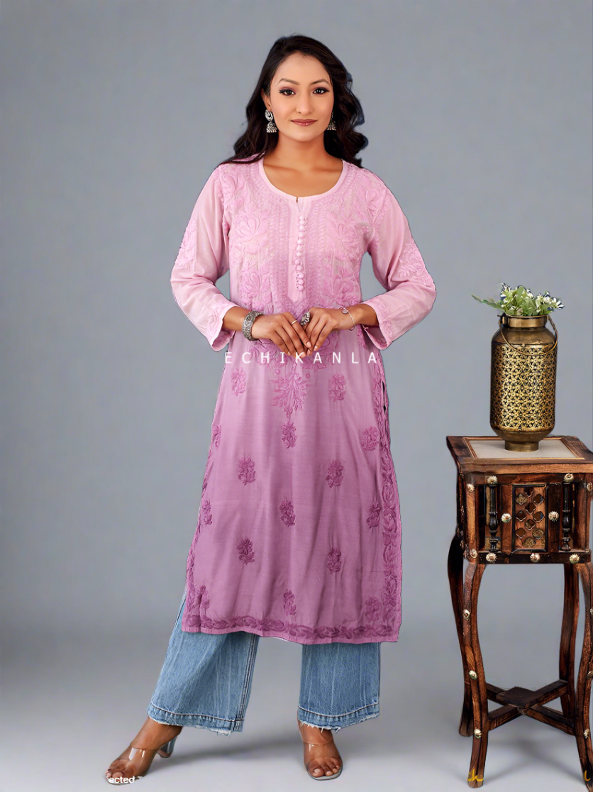 Mauve Muslin Chikankari Straight Kurta , Chikankari Straight Kurta in Muslin fabric For Woman