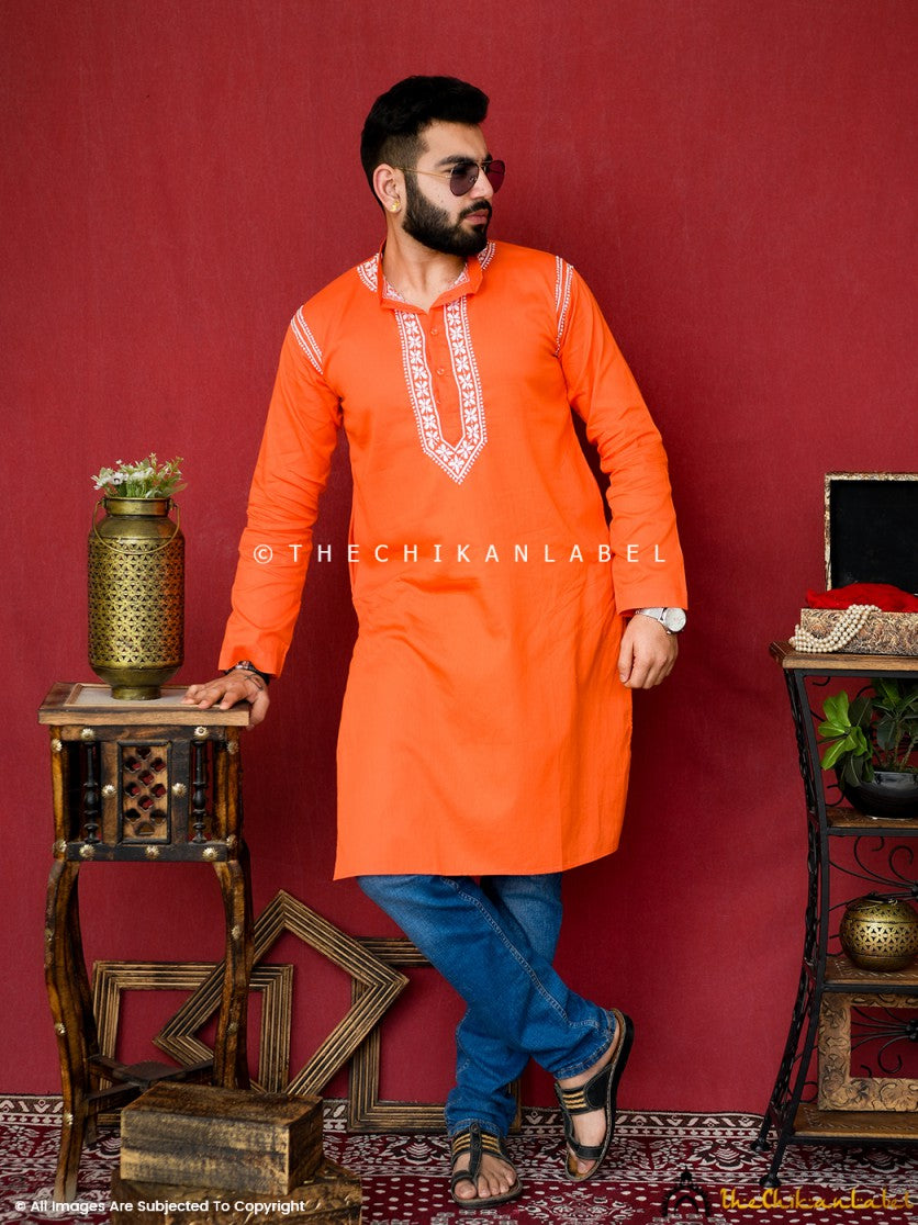 Orange Uman Cotton Chikankari Men's Kurta