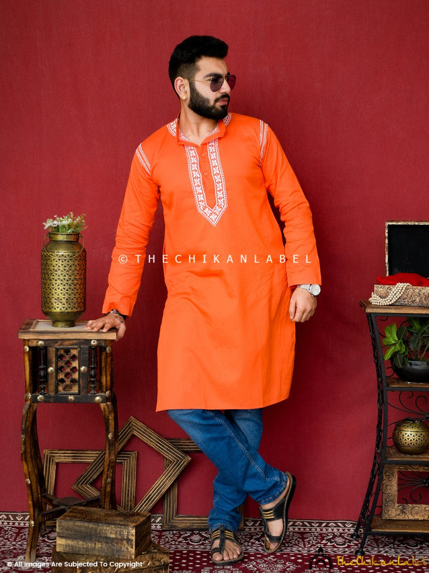 Orange Uman Cotton Chikankari Men's Kurta ,Chikankari Men's Kurta in Cotton Fabric For Men