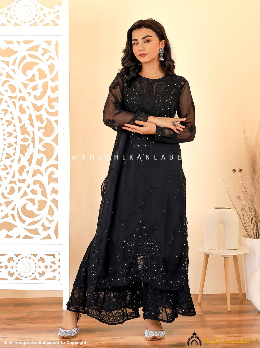 Black Zainab Georgette Chikankari Kurta Sharara Set