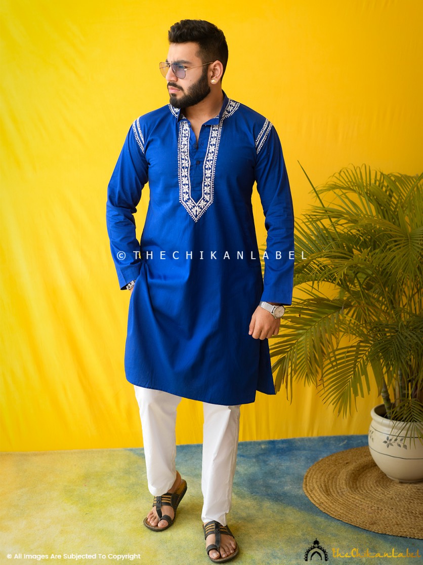 Navy Blue Uman Cotton Chikankari Men's Kurta ,Chikankari Men's Kurta in Cotton Fabric For Men
