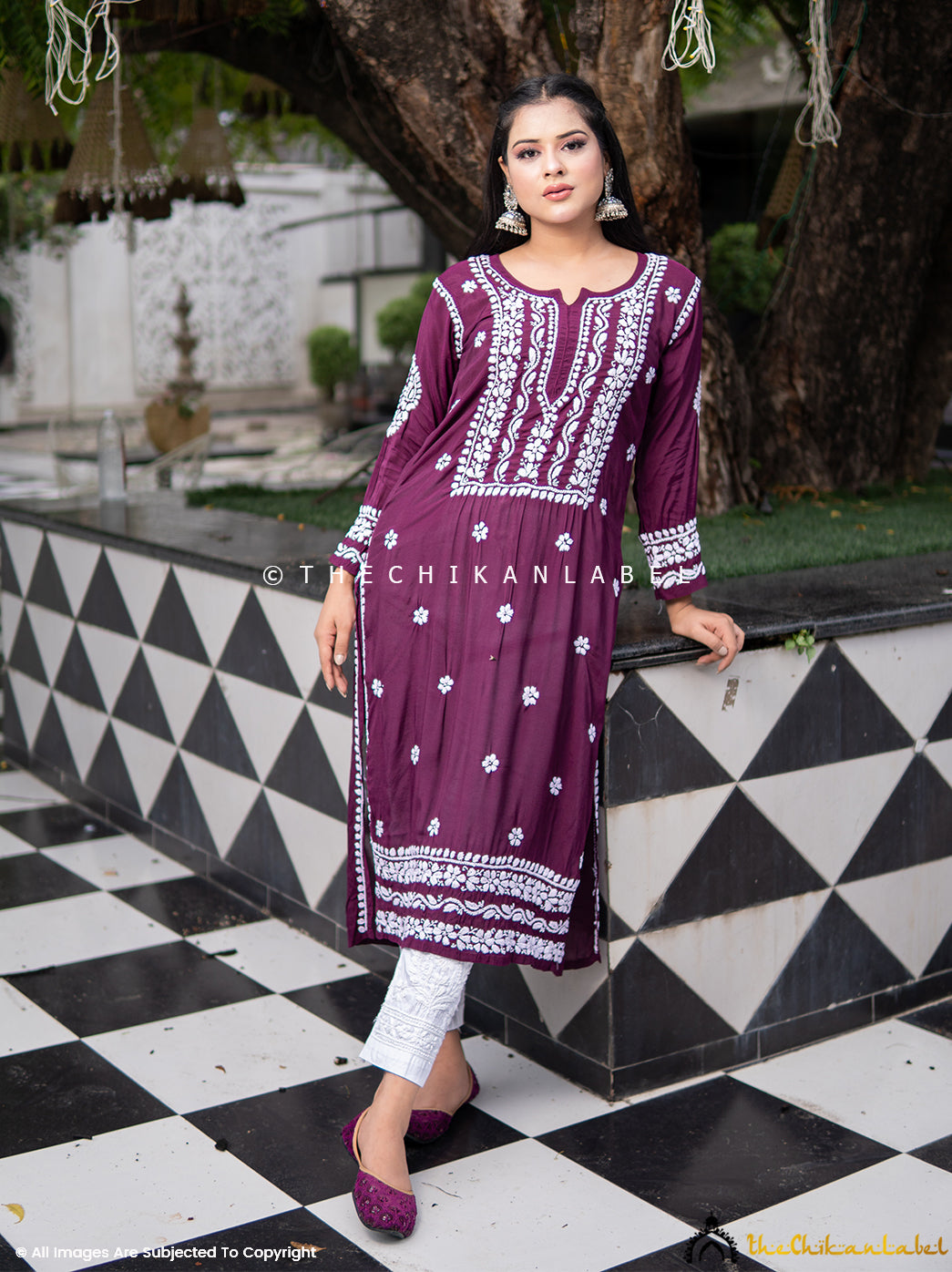 Wine Amara Muslin Chikankari Straight Kurti ,Chikankari Straight Kurti in Muslin Fabric For Woman