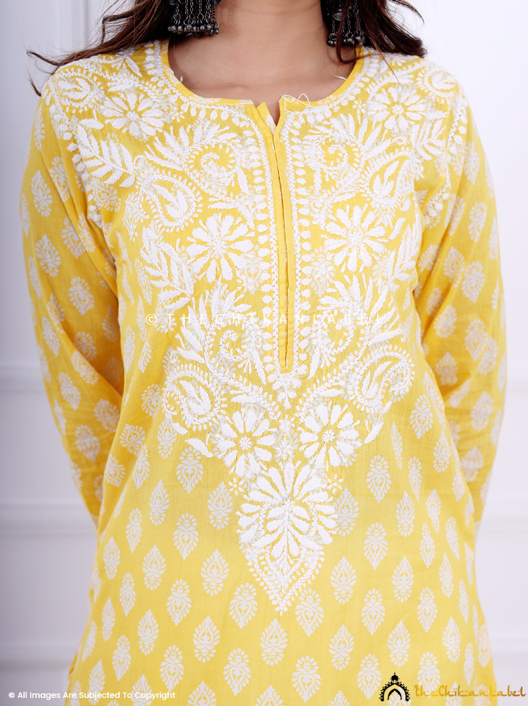 Yellow Cotton Chikankari Straight Kurti