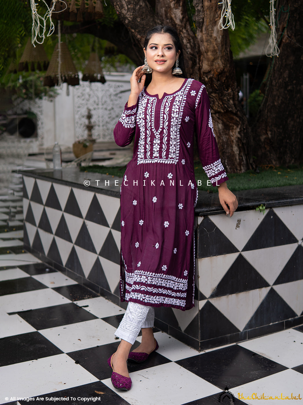 Traditional Indian muslin kurti with white thread work embroidery