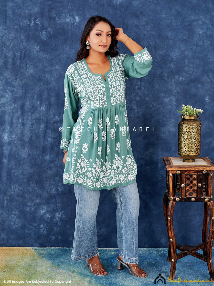 Green Samma Modal Chikankari Short Kurta , Chikankari Short Kurta in Modal Fabric For Woman