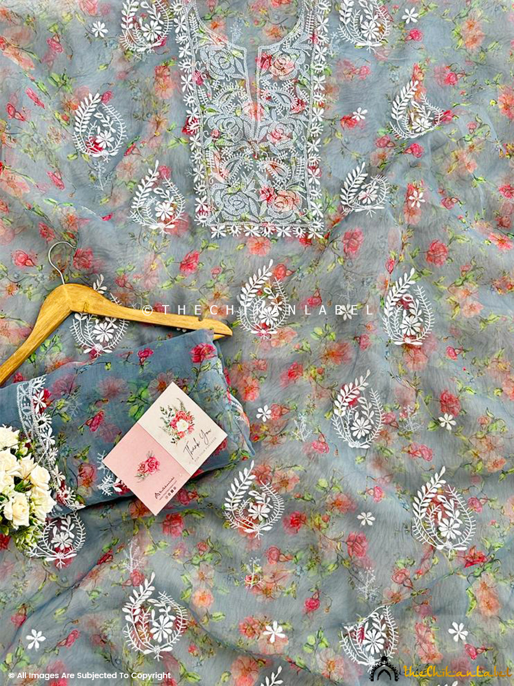 Grey Ahyana Un-stitched Printed Organza Chikankari Suit