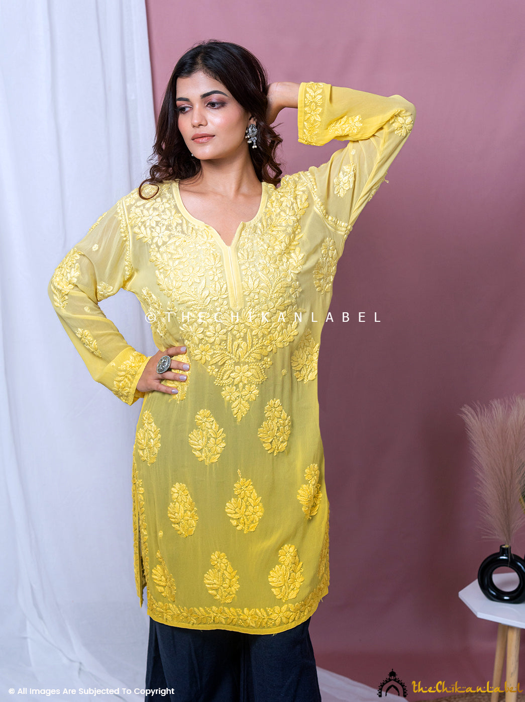 Yellow Rihana Viscose Chikankari Tunic Top