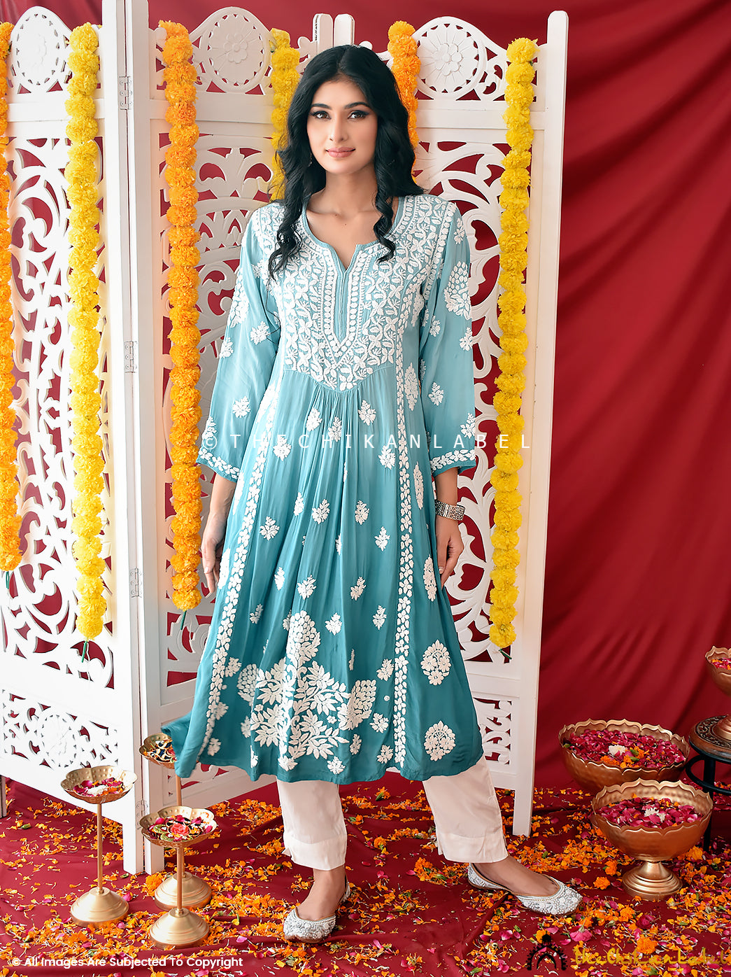 Turquoise Nabiha Crepe A-Line Chikankari Kurti , Chikankari Kurti in Crepe Fabric For Woman
