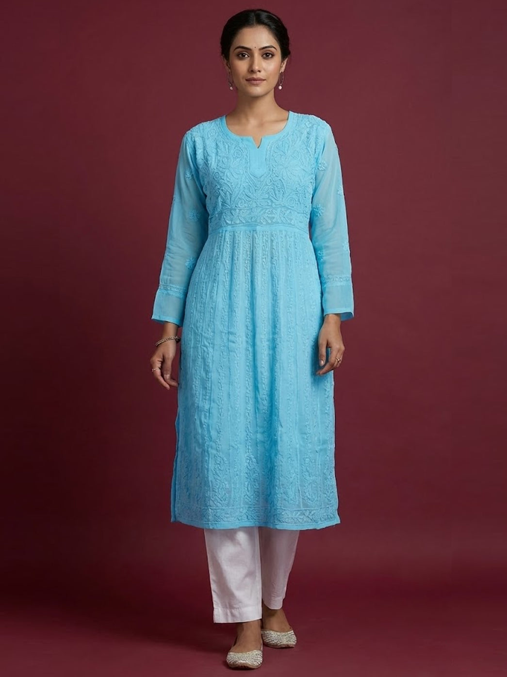 Blue Georgette Chikankari Anarkali Kurti