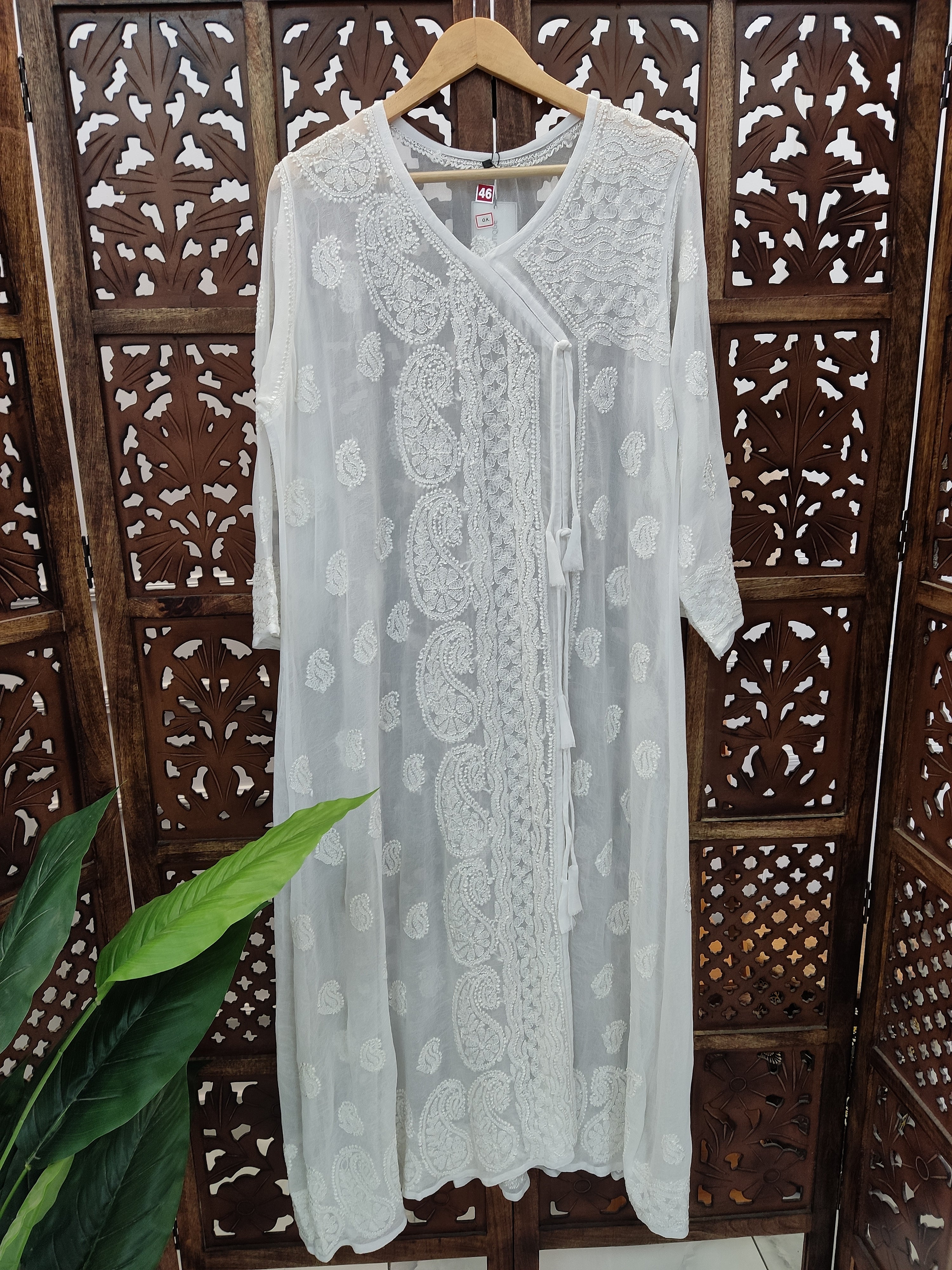 White Viscose Chikankari Angrakha Kurti