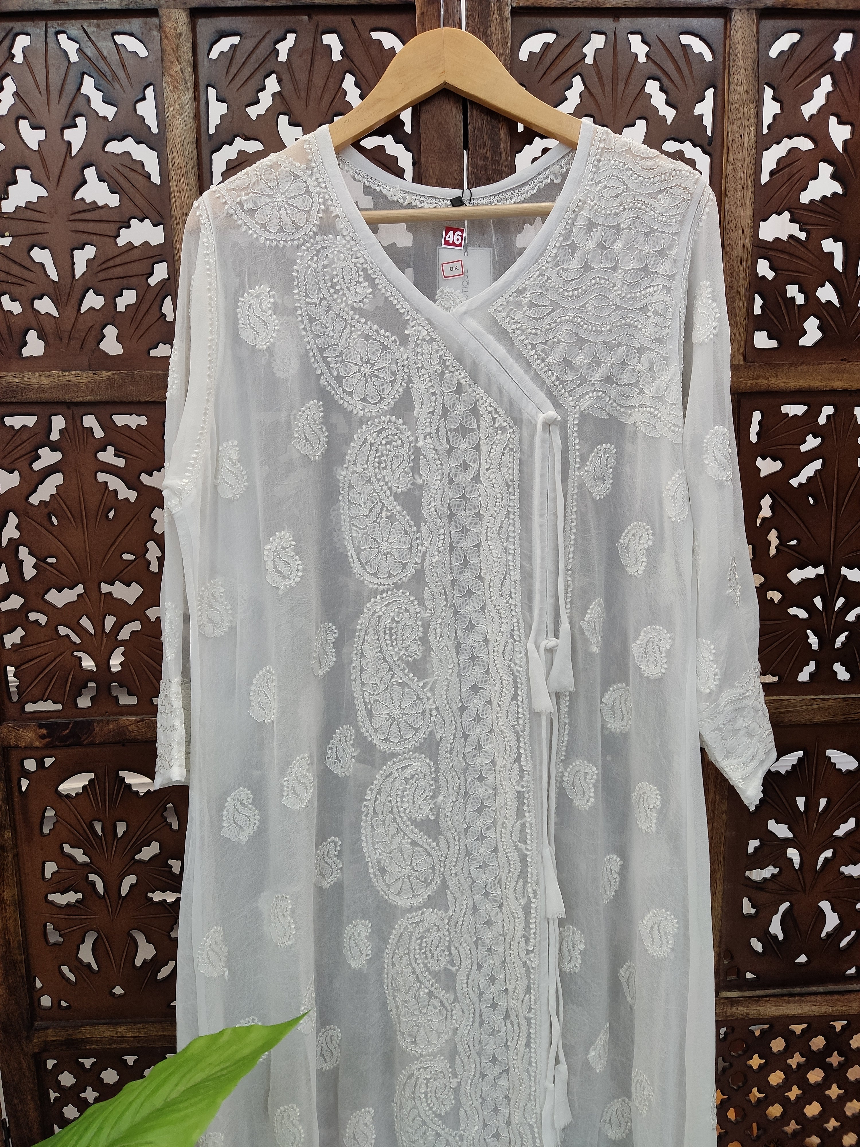 White Viscose Chikankari Angrakha Kurti
