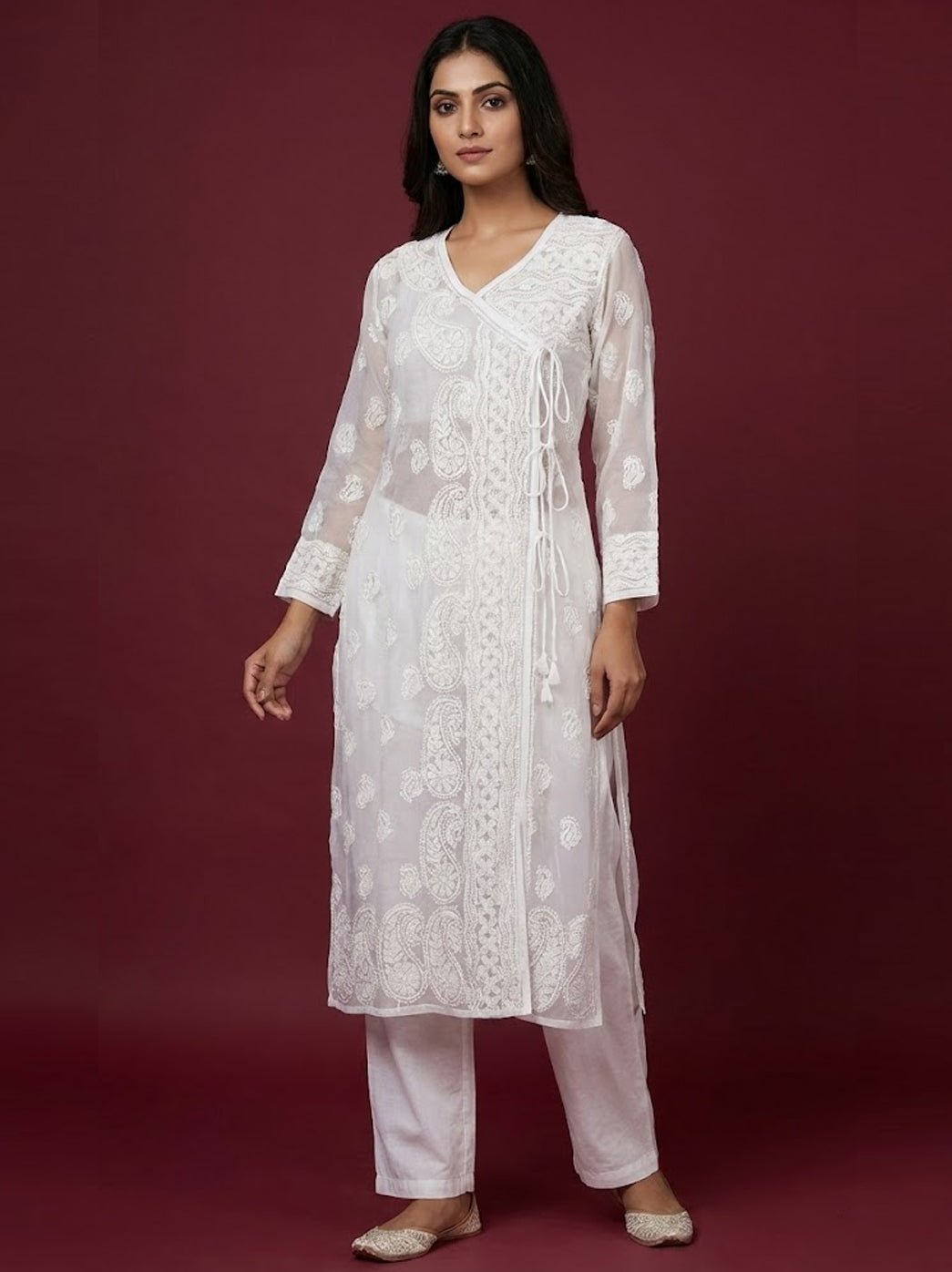White Georgette Chikankari Angarkha Kurti