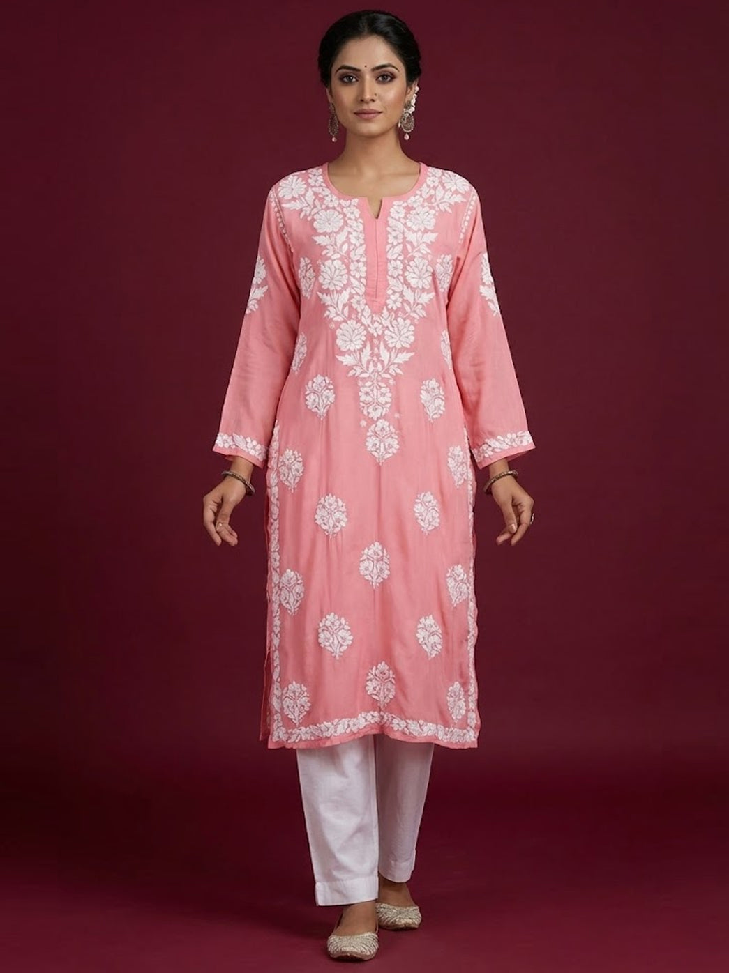 Peach Modal Chikankari Straight Kurti