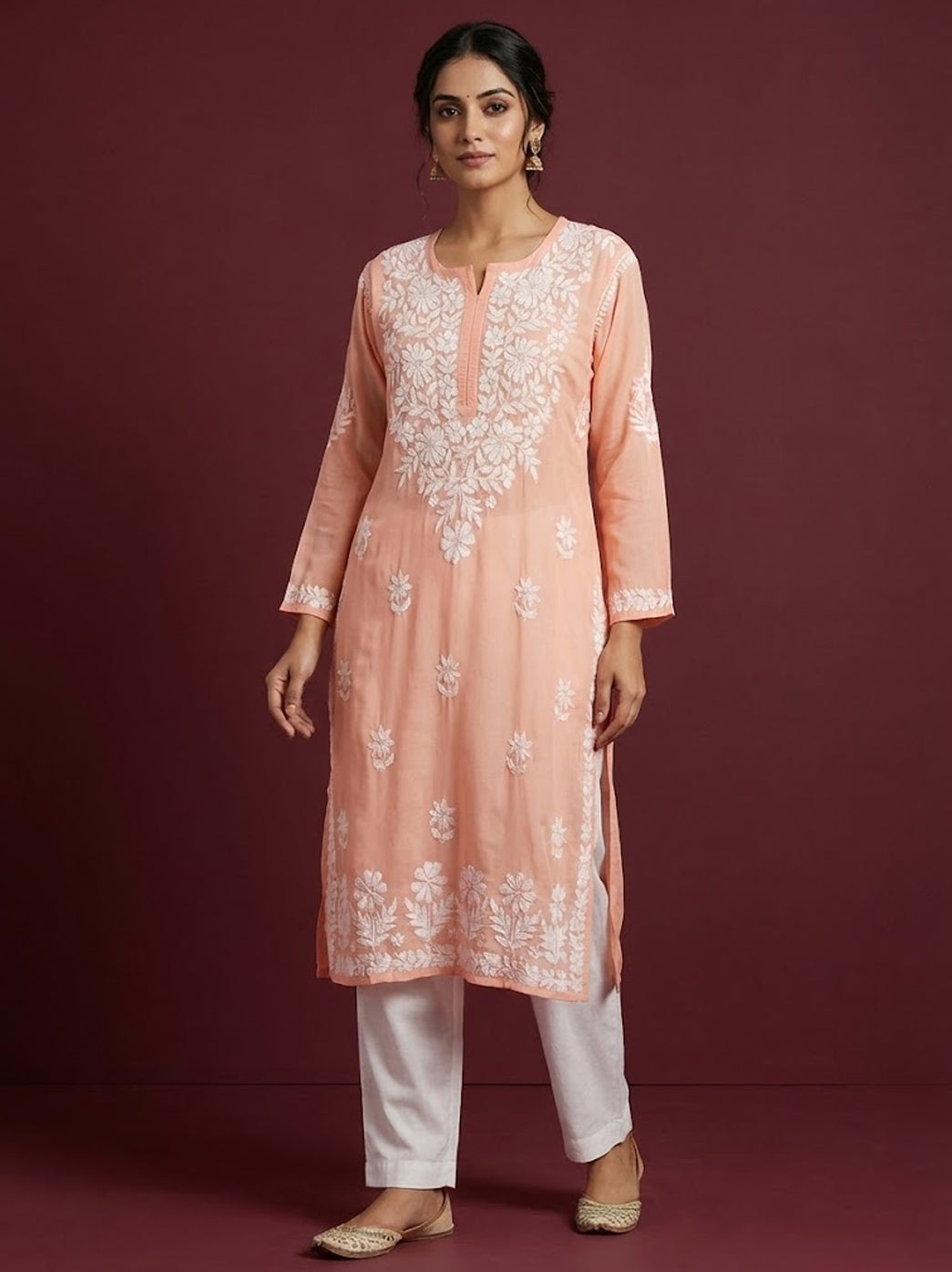 Light Peach Modal Chikankari Straight Kurti
