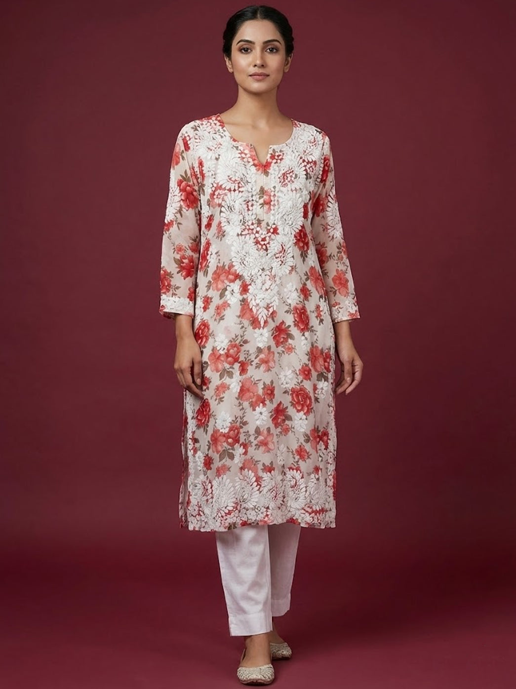 Red Mulmul Printed Chikankari Straight Kurti