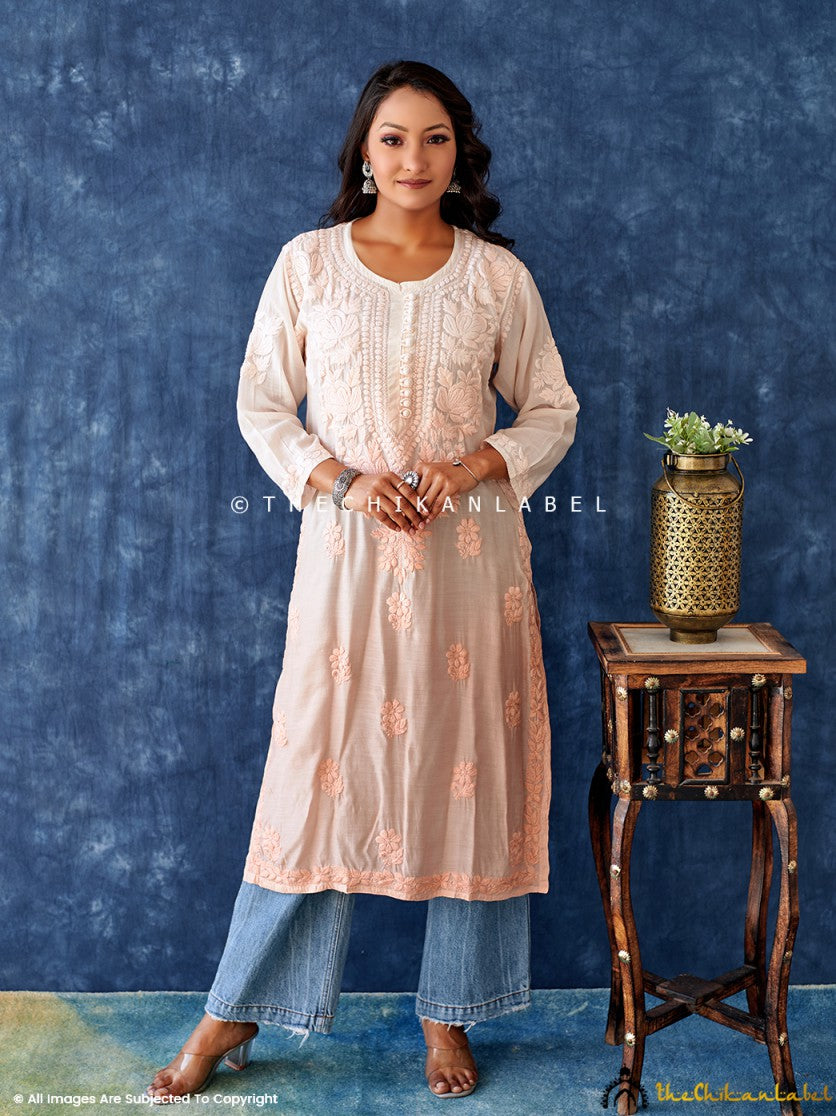Peach Muslin Chikankari Straight Kurta ,Chikankari Straight Kurta in Muslin Fabric For Woman