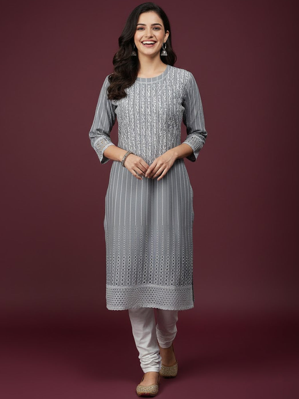 Grey Cotton Chikankari Straight Kurti