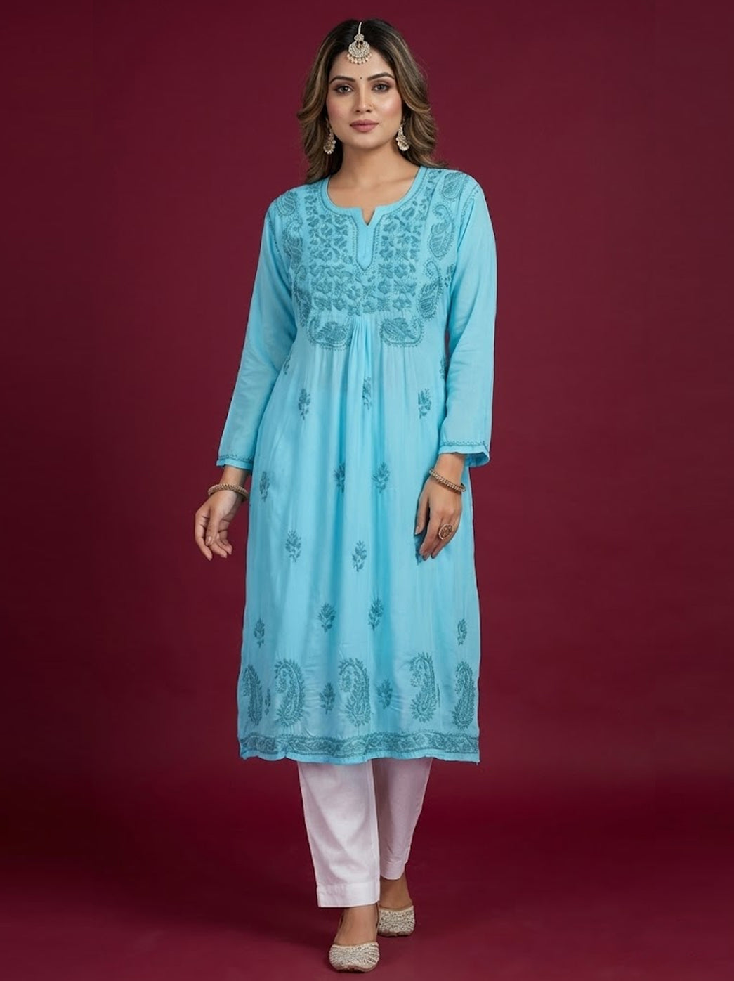 Sky Blue Modal Chikankari A-Line Kurti