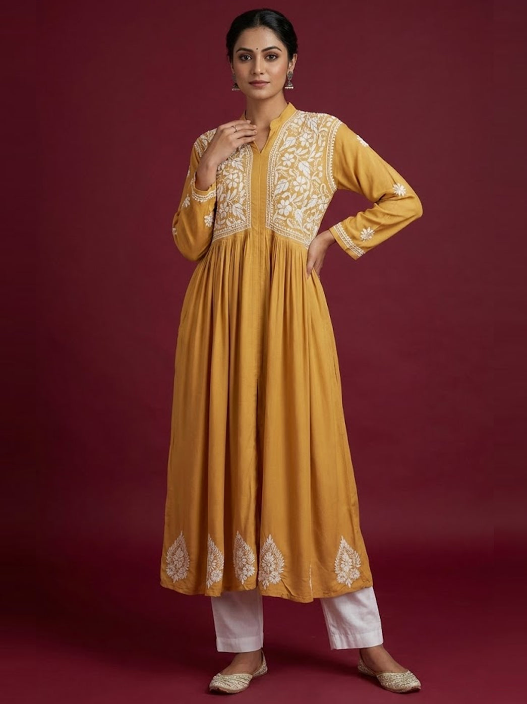 Beige Rayon Chikankari Anarkali Kurti