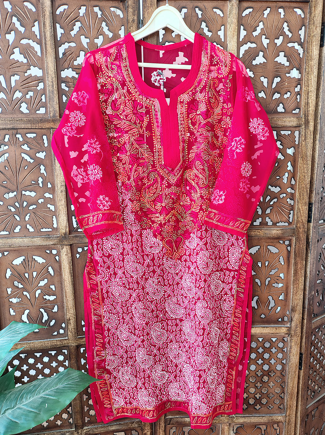 Red Georgette Chikankari Straight Kurti