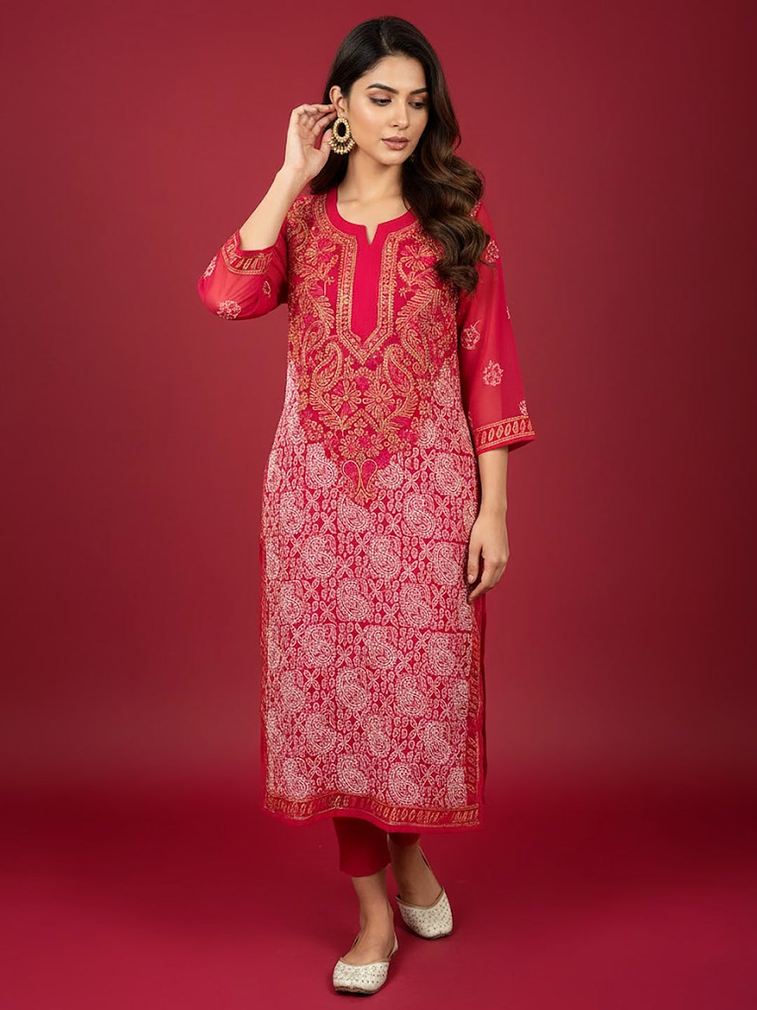 Red Georgette Chikankari Straight Kurti