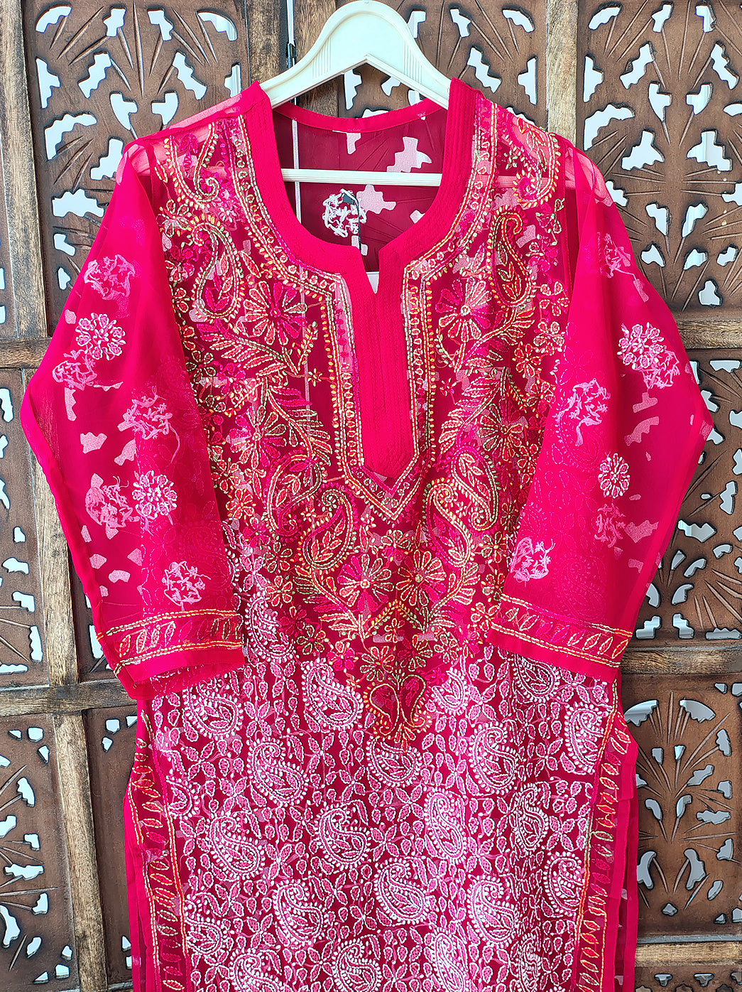 Red Georgette Chikankari Straight Kurti