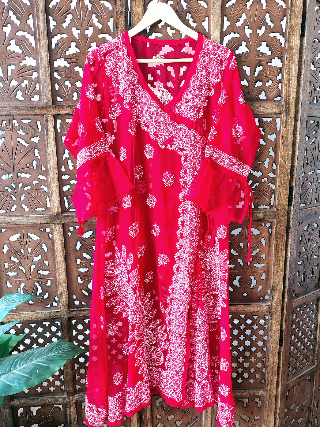 Red Georgette Chikankari Angrakha Kurti