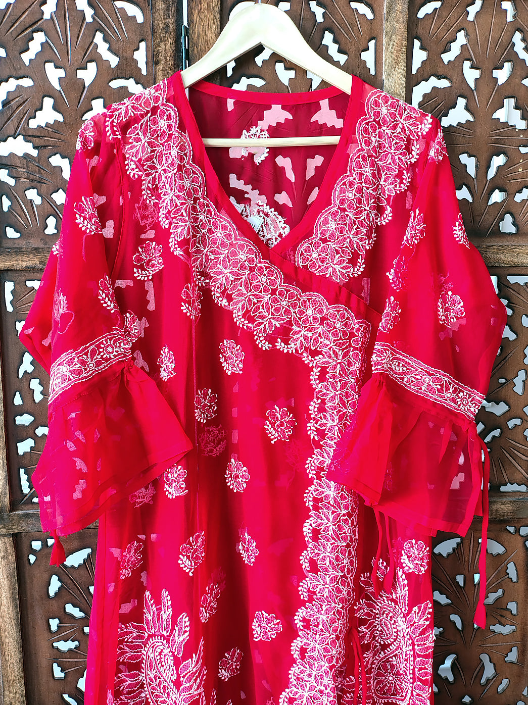 Red Georgette Chikankari Angrakha Kurti