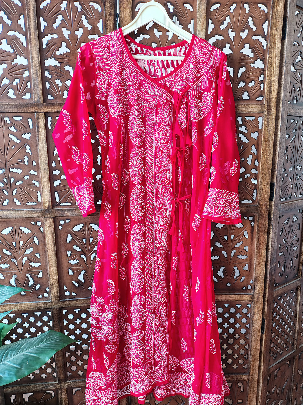 Red Georgette Chikankari Angrakha Kurti