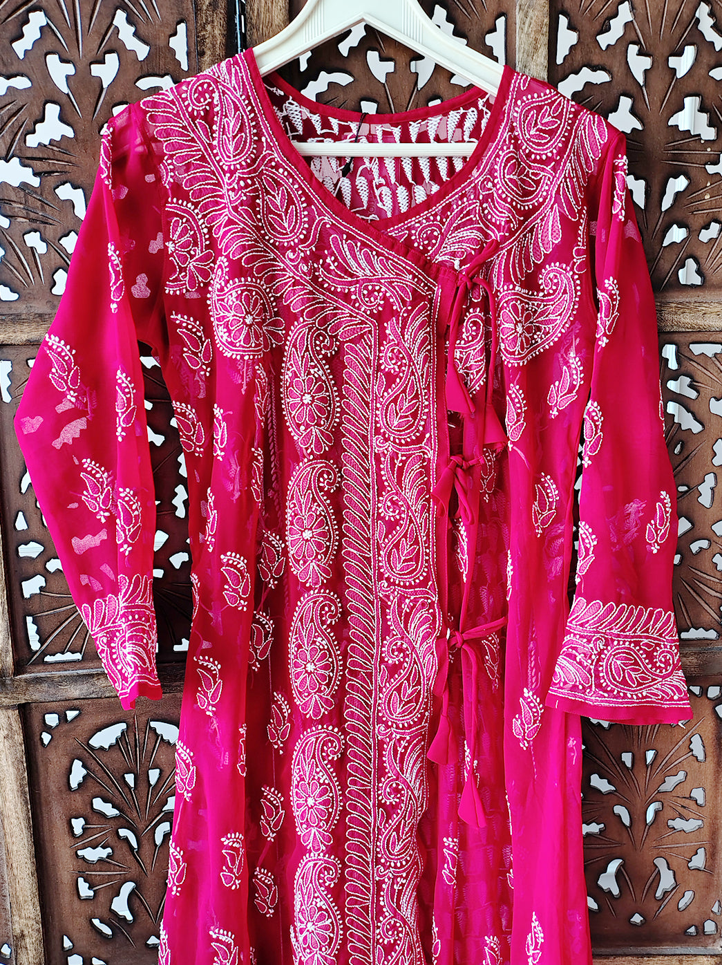 Red Georgette Chikankari Angrakha Kurti