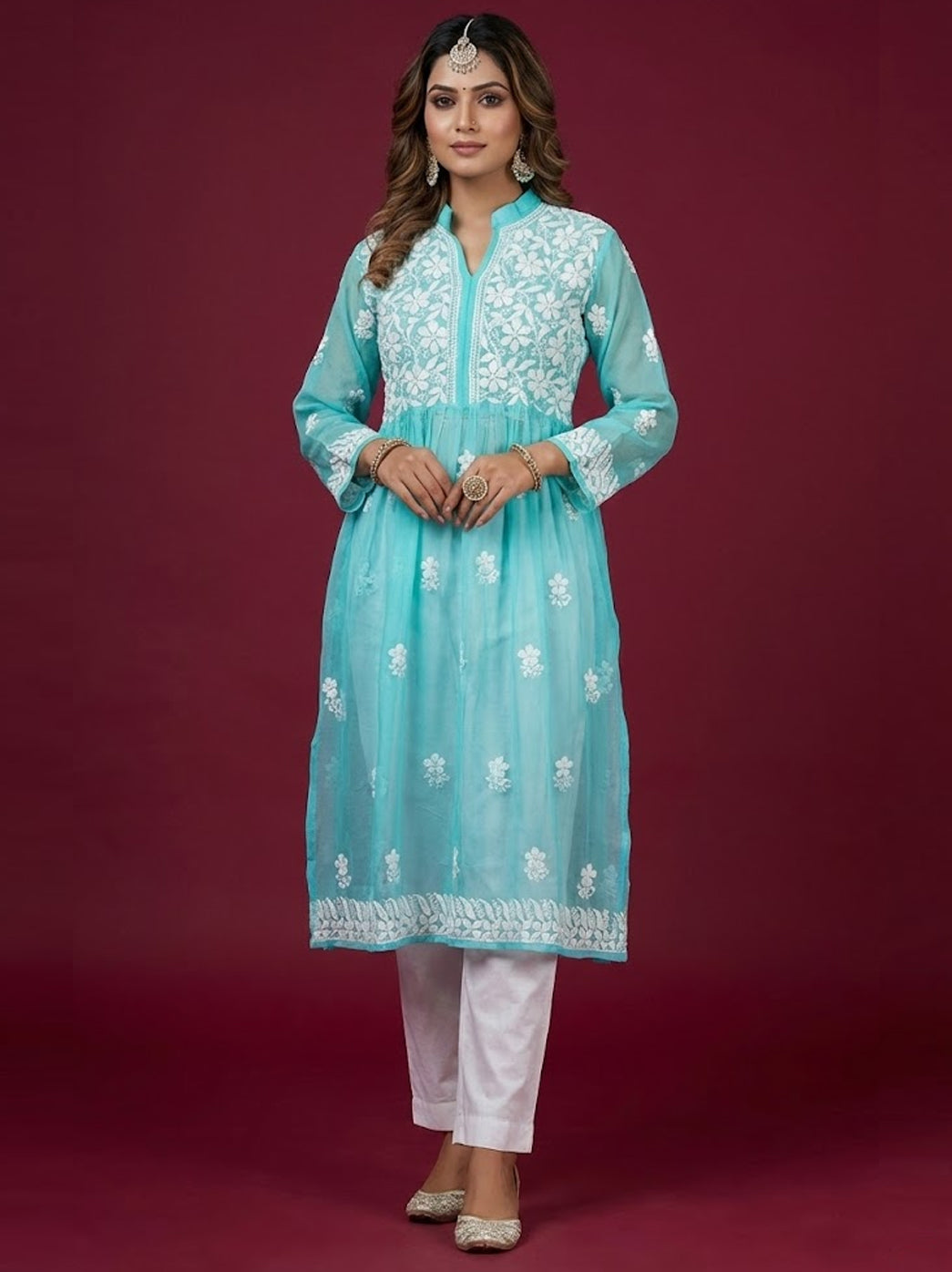 Sea Green Georgette Chikankari Kurti